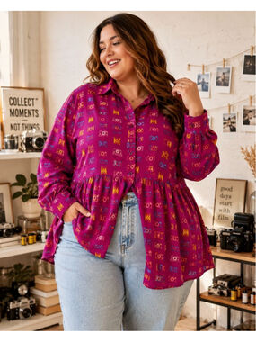Circus Camera Print Peplum Blouse Magenta Rayon Button Front Quirky Artsy Plus